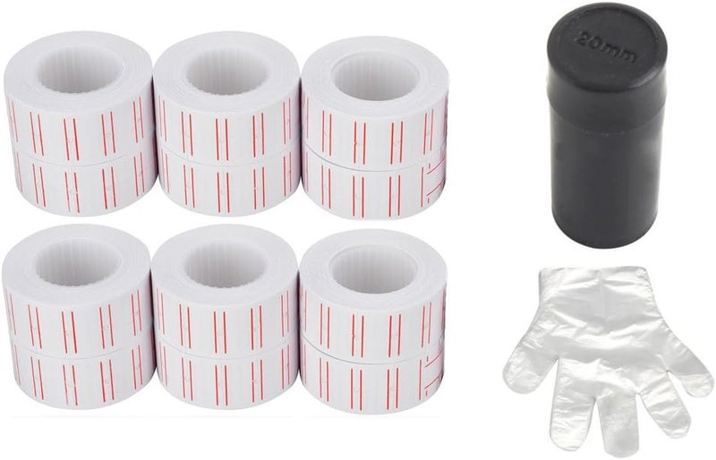 MFLABEL 12 Rolls 7200 White Price Gun Labels for Mx-5500 - with Double Red Line Visibility, Refill Ink Roll & Disposable Gloves for Easy Loading - Image 1
